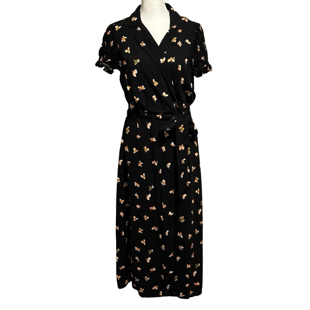 Urban Outfitters Size M Spring Day Wrap Dress Midi Butterflies Print Black - Picture 4 of 9